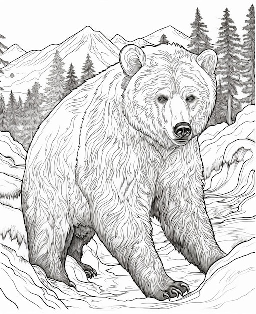 Disegni da colorare di un orso in montagna generativa ai