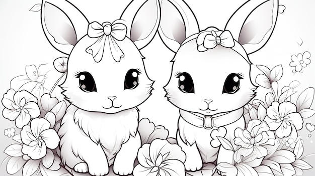 Disegni da colorare sul tema Kawaii simpatico coniglietto anime antistress disegno in bianco e nero