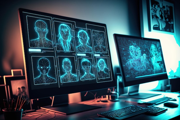Disegni di ologrammi di social network sullo sfondo del desktop di un computer che cercano numerose esposizioni idea di connessione interpersonale