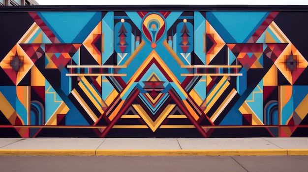 Disegni geometrici in un vivace murale stradale creato con la tecnologia Generative AI
