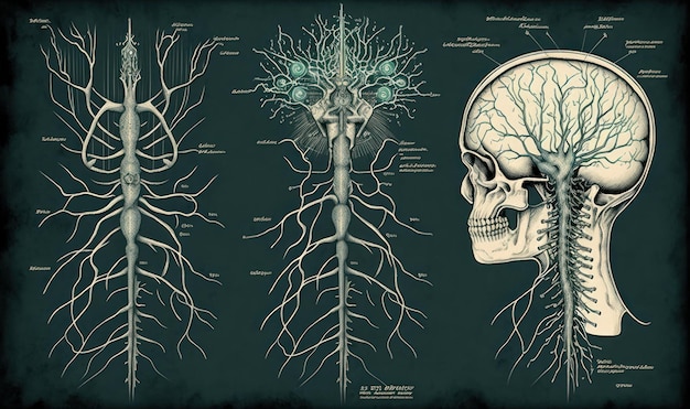 Disegni retrò del sistema nervoso Bella illustrazione colorata Stile vettoriale IA generativa