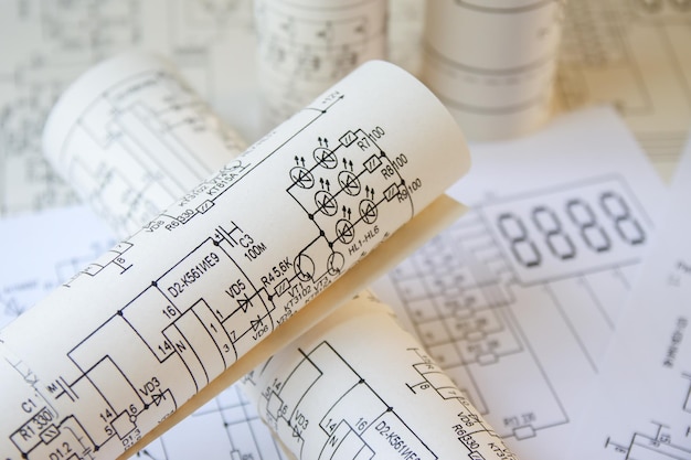 Disegni stampati di circuiti elettrici. Scienza, tecnologia ed elettronica.