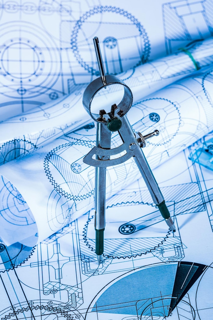 Foto disegni tecnici in tonalità blu