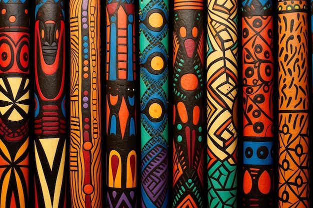 Disegni tribali colorati sono visualizzati su un muro.