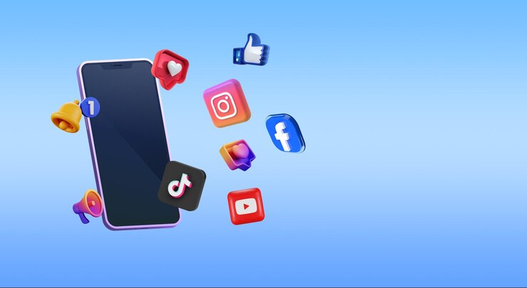 Foto disegno 3d di un nuovo telefono cellulare cool con icone di social media su sfondo blu