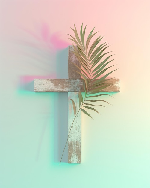 Disegno 3D minimalista di una croce di legno con una singola foglia di palma drappeggiata su un braccio