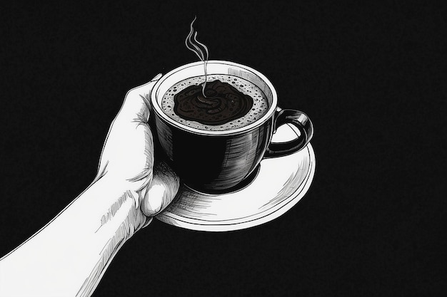 Disegno a bianco e nero a mano con una tazza di inchiostro di caffè