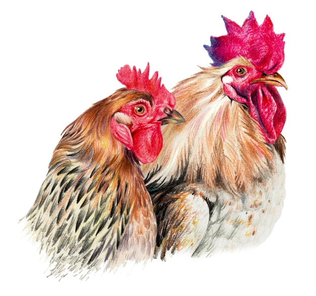 Disegno a colori con matite acquerellate. Gallina e gallo su sfondo bianco