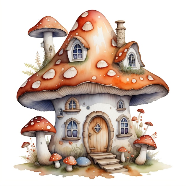 Disegno a colori di una casa di hobbit a funghi su uno sfondo bianco