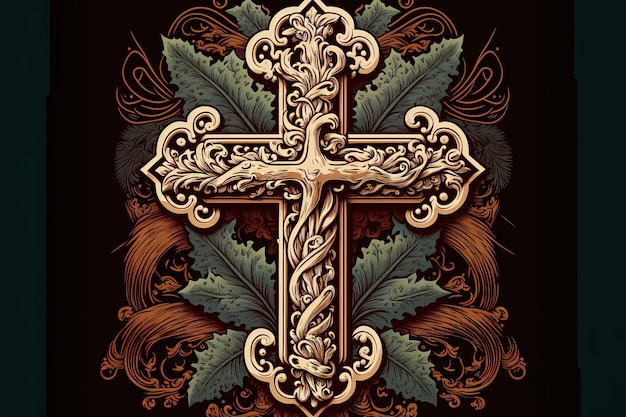Disegno a croce cristiana in un colore di incisione tradizionale
