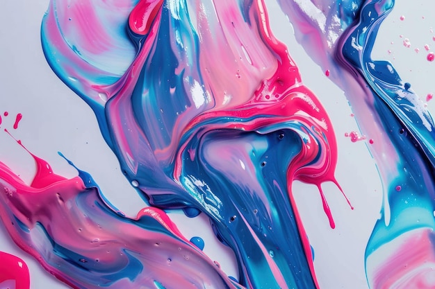 Disegno a flusso di colori brillanti dipinto decorazione creativa a pennello con texture fluide rosa e blu