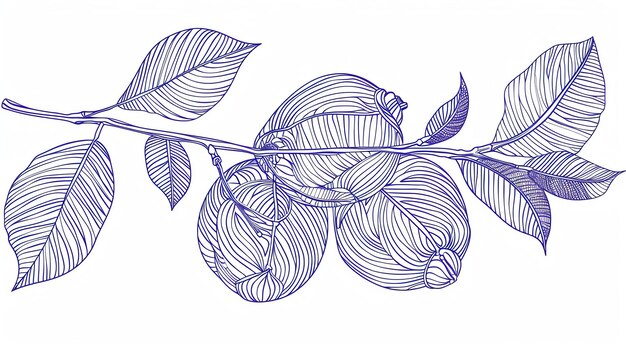 Disegno a linee blu e bianche di un ramo con foglie e frutta L'immagine è semplice ed elegante e sarebbe perfetta per una varietà di applicazioni