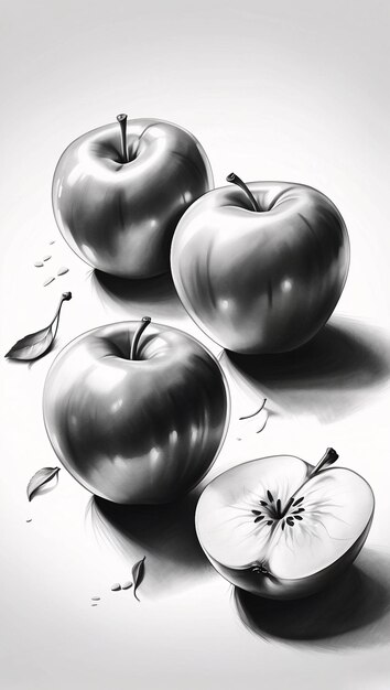 Disegno a mano a matita, a carbone, a grafite, a stile Apple Fruit Sketch