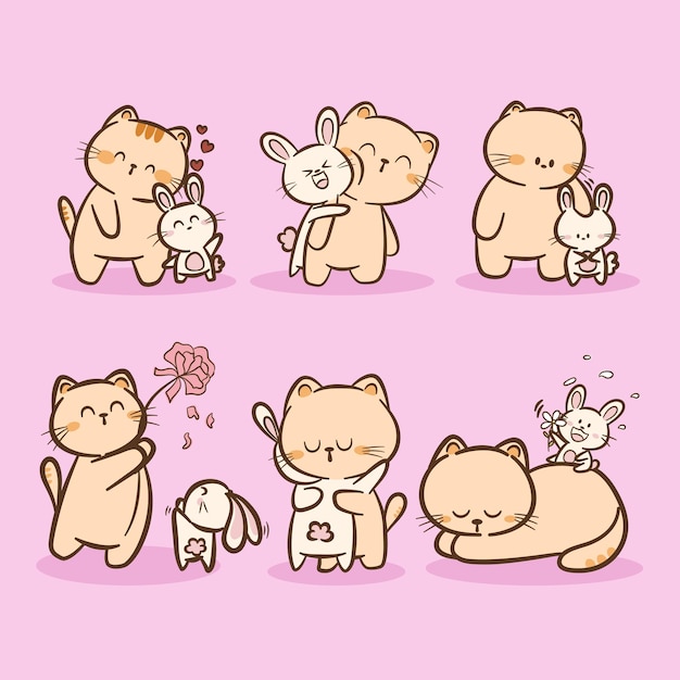Disegno a mano del caricatura del personaggio del cartone animato Cat and Rabbit su sfondo colorato Disegno del personaggio dei cartoni animati