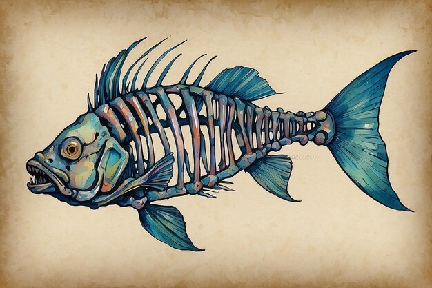 Disegno a mano di scheletro di pesce a inchiostro e acquerello