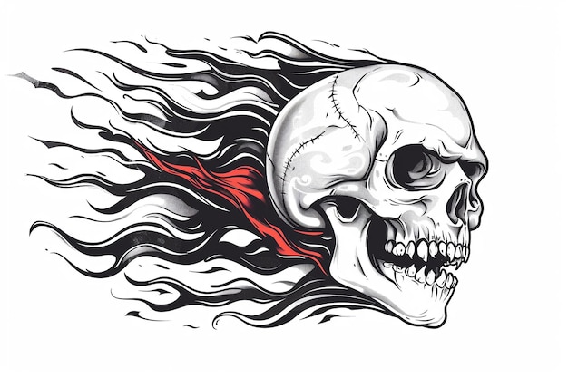 Disegno a mano di Skull Cartoon e chitarra Vintage Lines disegno illustrativo per stampa POD su richiesta su sfondo bianco