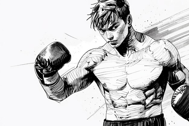 Disegno a mano di un atleta di boxe con inchiostro su carta