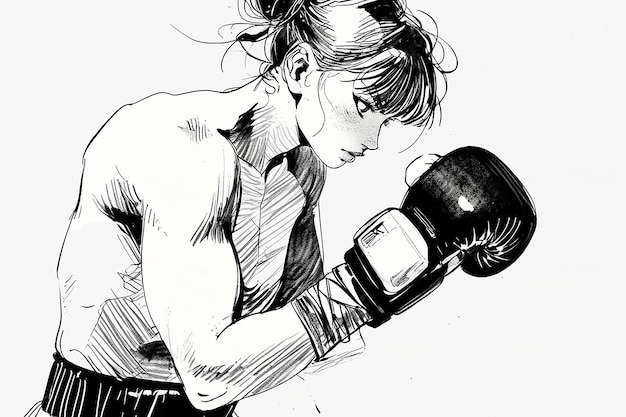 Disegno a mano di un atleta di boxe con inchiostro su carta