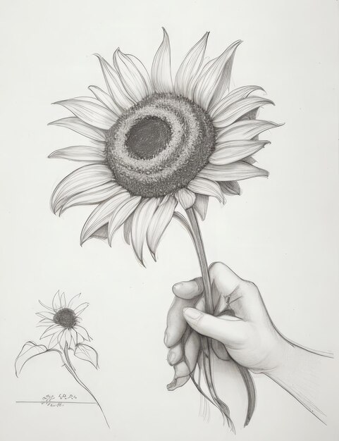 disegno a mano di un girasole su uno sfondo bianco nero e bianco