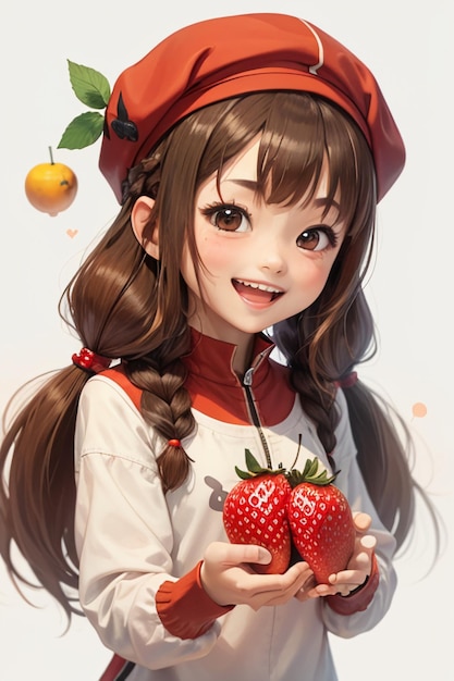 Disegno a mano in stile cartoon anime di una bella ragazza che tiene in mano una fragola