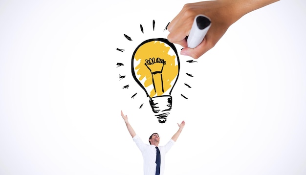Disegno a mano lampadina su sfondo bianco con vignetta