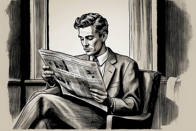 Disegno a mano Retro Man Reading Newspaper Disegno a inchiostro vintage