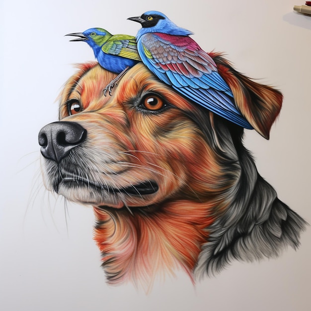 Disegno a matita colorata 3D di un cane con un uccello sulla testa disegno a dettaglio a linea ultra