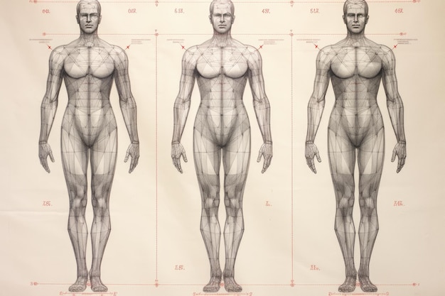 Disegno a matita del corpo umano che mostra la griglia simmetrica e i segni di altezza