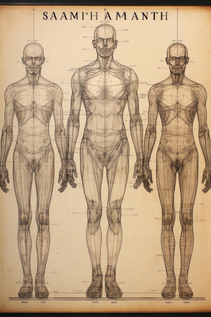 Disegno a matita del corpo umano che mostra la griglia simmetrica e i segni di altezza