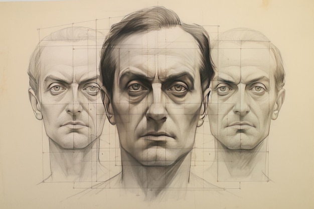 Disegno a matita del volto umano che mostra la griglia simmetrica e i segni di altezza