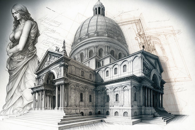 Disegno a matita dell'architettura dell'edificio romano e punto di riferimento della città