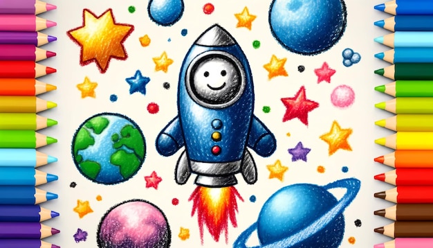 Disegno a matita di Child39 di un razzo e la Terra nello spazio