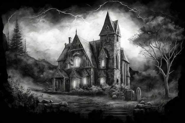 Disegno a matita di una casa gotica circondata da boschi nebbiosi con nuvole minacciose sopra la testa