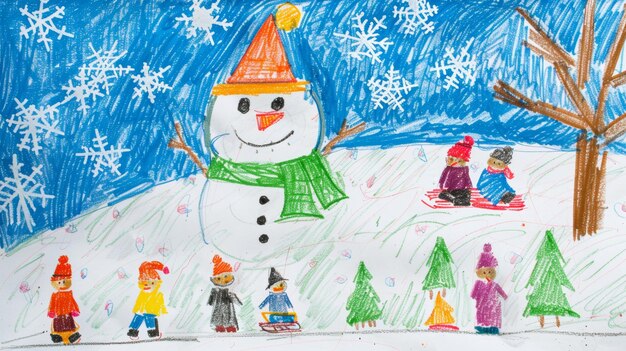 Disegno a pastello del pupazzo di neve e dei bambini in slitta