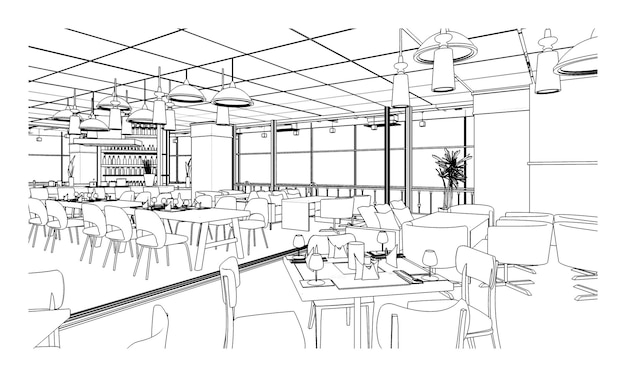 Disegno a tratteggio del ristorante e del centro commercialeModern design3d rendering