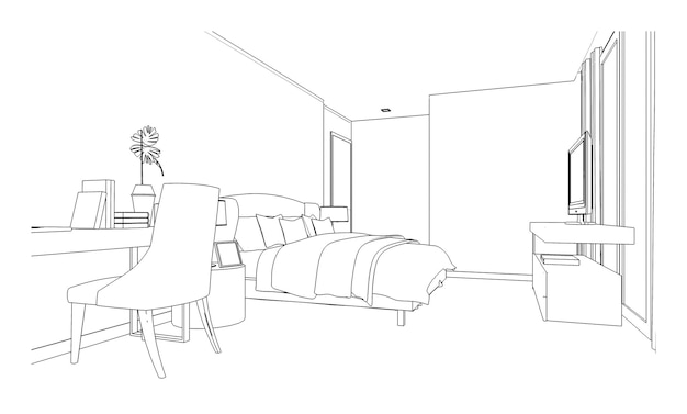 Disegno a tratteggio della camera da lettoModern design3d rendering