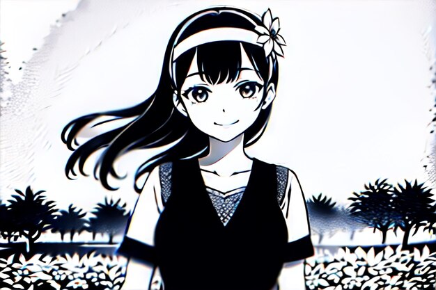 Disegno a tratteggio in bianco e nero a tinta unita anime simpatico personaggio dei cartoni animati ragazza sfondo dell'illustrazione