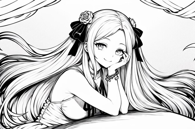 Disegno a tratteggio in bianco e nero a tinta unita anime simpatico personaggio dei cartoni animati ragazza sfondo dell'illustrazione
