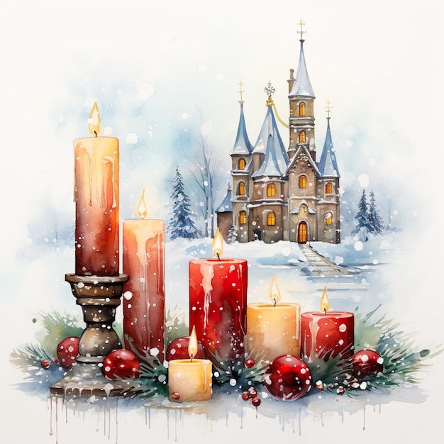 Disegno acquerellato di candele di Natale