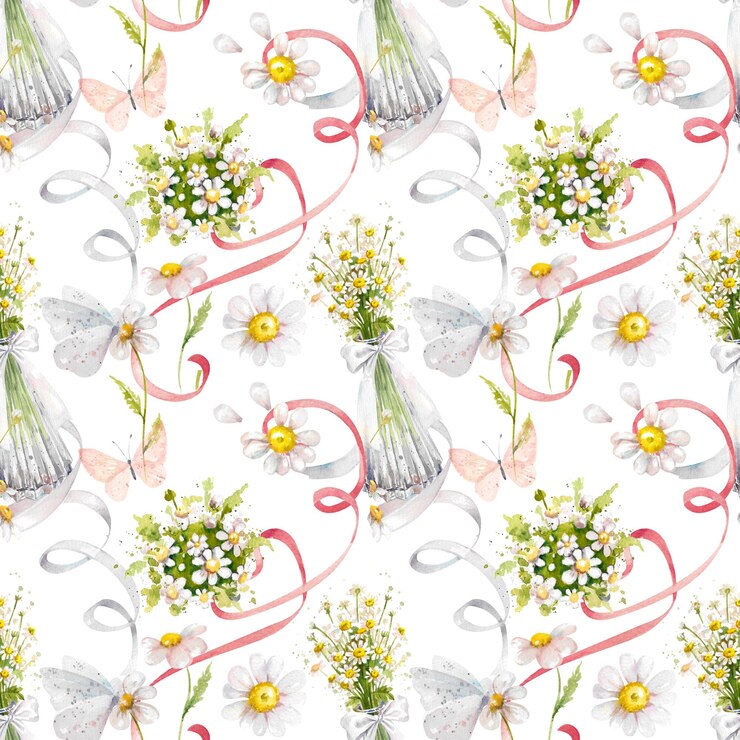 Foto disegno ad acquerello a mano modello di matrimonio senza cuciture nastri bianchi e rosa archi margherite farfalle