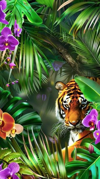 Disegno ad acquerello con bellissime orchidee in fiore e foglie di palma e tigre del Bengala che si affaccia da