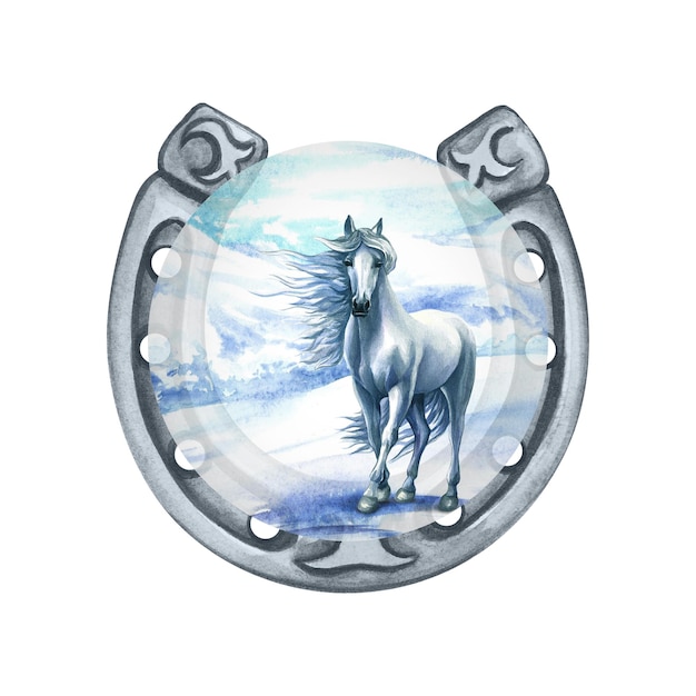 Disegno ad acquerello con un cavallo bianco e un paesaggio montano in una cornice rotonda a ferro di cavallo