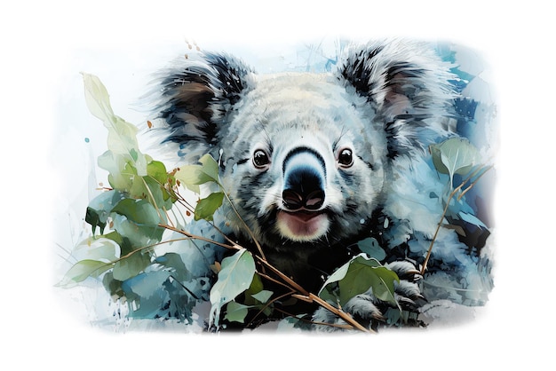 Disegno ad acquerello dell'orso Koala seduto sul ramo di eucalipto isolato su fondo bianco