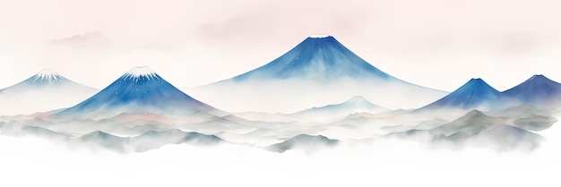 Disegno ad acquerello delle montagne vulcaniche della Kamchatka e del Giappone ai generazione panoramica