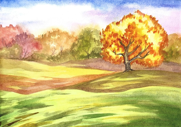 Disegno ad acquerello di alberi autunnali.