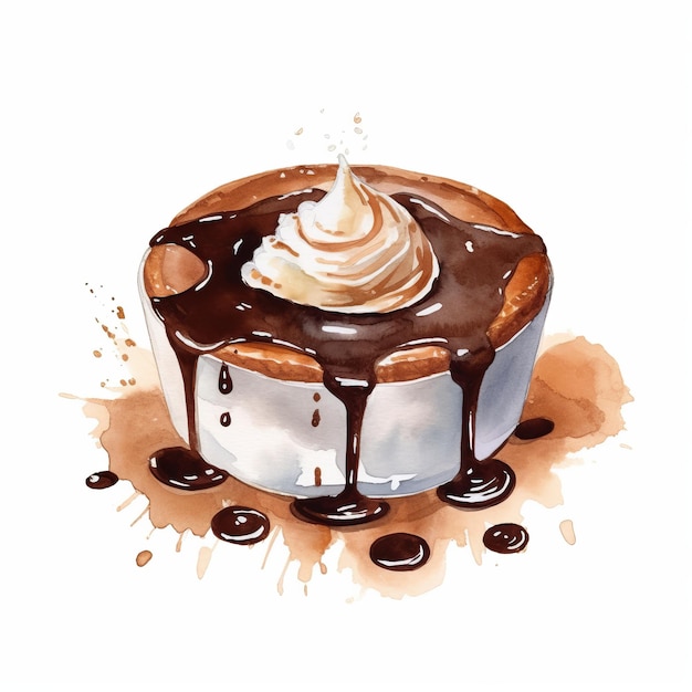 Disegno ad acquerello di budino di cioccolato con panna montata