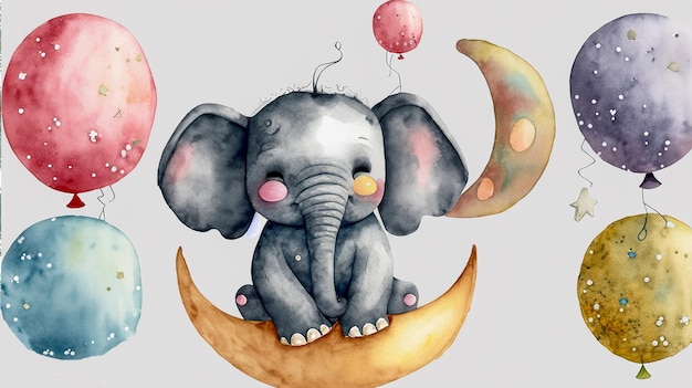 disegno ad acquerello di elefante Elefante carino seduto sulla luna circondato da palloncini