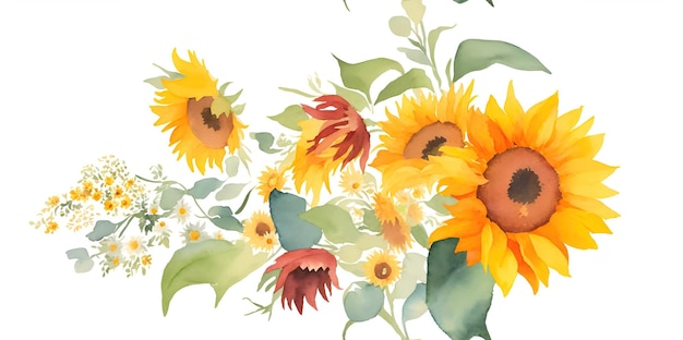 Disegno ad acquerello di fiore di girasole e uccelli su uno sfondo bianco