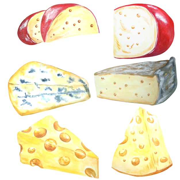 Disegno ad acquerello di formaggio fresco naturale Set Isolato su sfondo bianco Prodotti lattiero-caseari di fattoria Può essere utilizzato per la progettazione di imballaggi di prodotti lattiero-caseari ricette stampe tovaglioli cartoline pubblicità