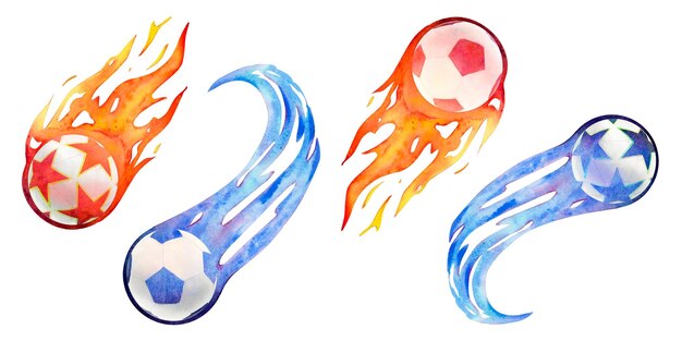 Disegno ad acquerello di palle da calcio volanti blu e arancione con stelle e pentagoni di fuoco